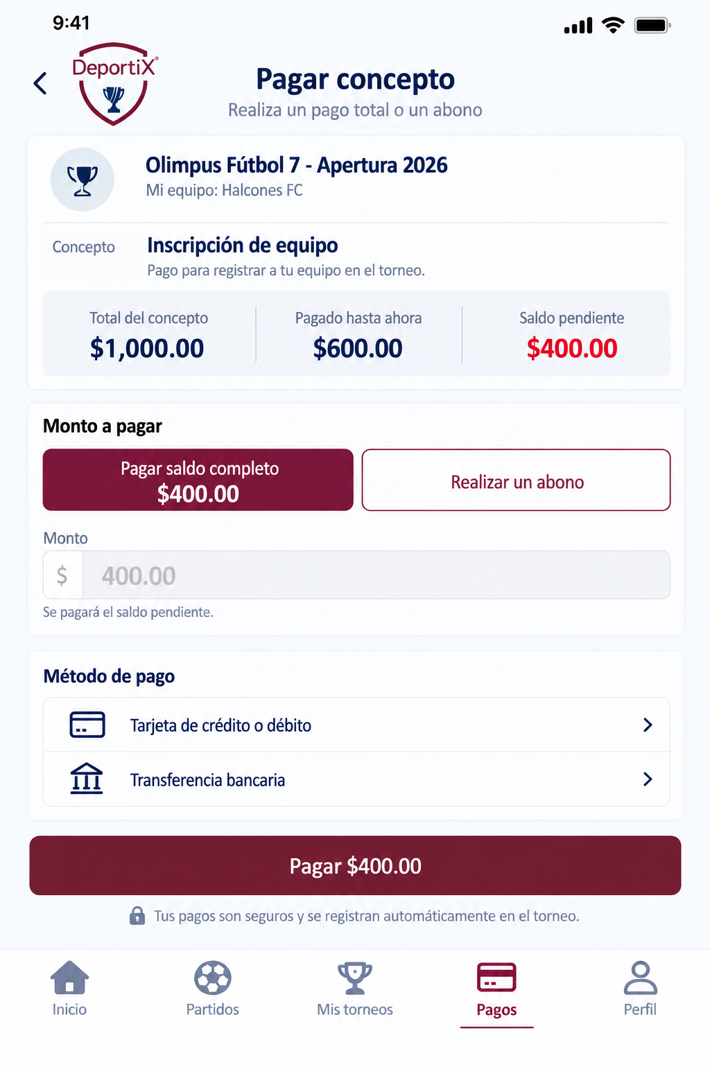 App DeportiX - Pago de concepto